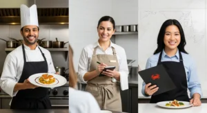 A diverse group of smiling food service workers, including a chef, a server, and a food handler, in a modern kitchen or restaurant setting, symbolizing lucrative job opportunities in Maryland's food industry.