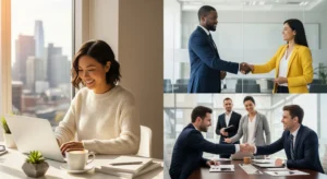 A clean, vibrant image showing a diverse group of four young professionals working happily. One person is on a video call on a laptop at home, symbolizing remote work. Two others are smiling and collaborating in a modern, sunlit office, and one is giving a confident thumbs-up. The image should convey themes of success, flexibility, high pay, and professional opportunity.