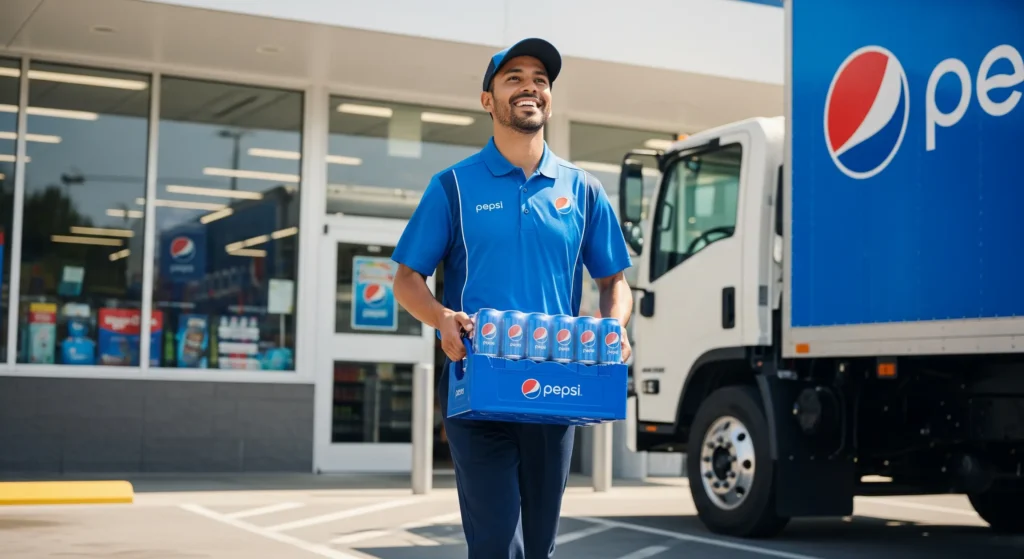A smiling Pepsi delivery driver in uniform carrying a case of soda, representing a high-paying job opportunity with the Pepsi company.